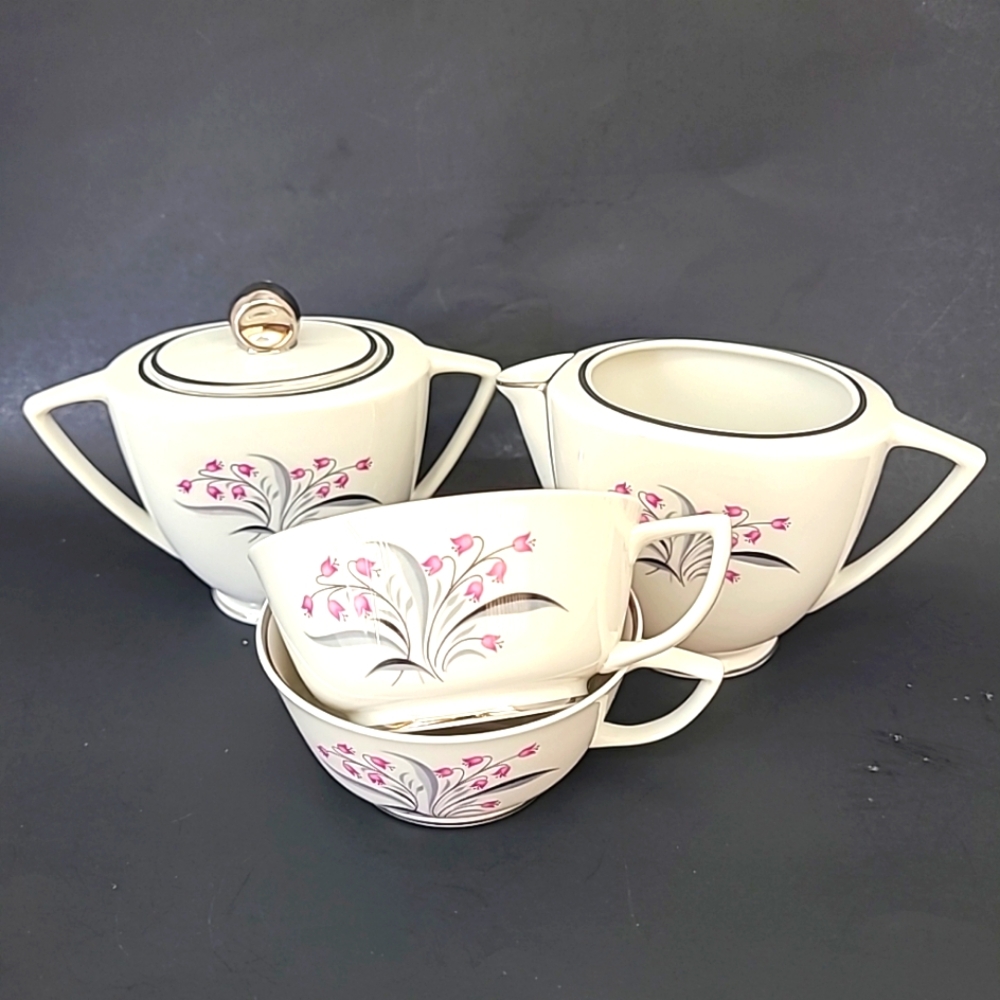 VTG Princess China Tru-Tone USA Flair Pattern Creamer,Sugar Bowl W/lid,2 Cups